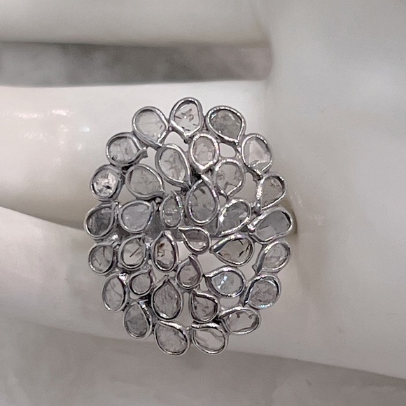 Polki Diamond Sterling Silver Platinum Ring - Picture 1 of 14